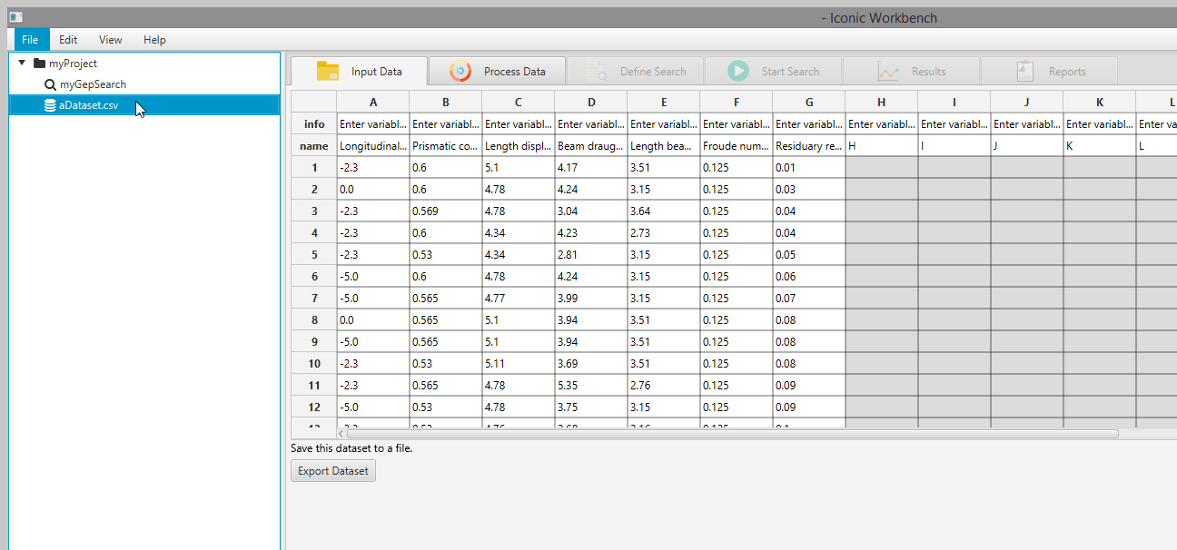 Dataset shown in spreadsheet view